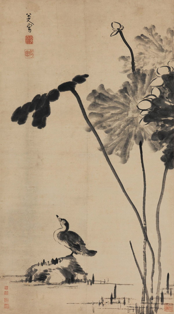 “Lotus y aves acuáticas”, obra de Bada Shanren. Aunque  jamás utilizó otro color que el negro, la musicalidad y plasticidad de sus obras emocionan al espectador.