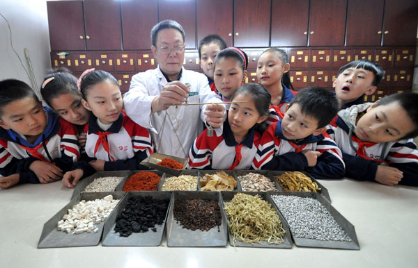 Alumnos de la escuela primaria  Zhuhelu de Handan asisten a una demostración de medicina tradicional china en la ciudad de Handan, provincia de Hebei, el 21 de octubre de 2013.