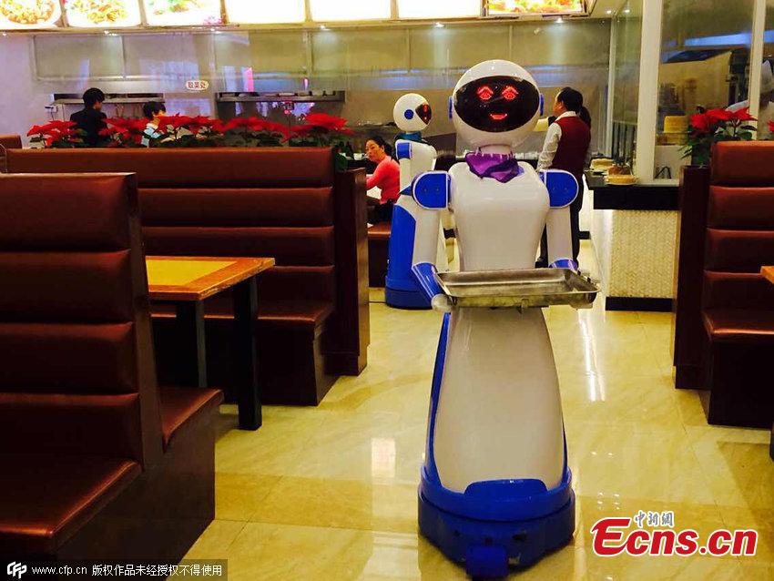Un robot lleva la comida hasta las mesas en un restaurante de Ningbo, provincia de Zhejiang el 25 de noviembre de 2014. Lu Dike, propietario del restaurante contrató el servicio de dos robots para servir los platos, esperando que el nuevo modelo de negocio pueda atraer a más clientes. Lu dijo que cada uno de los robot costo 60.000 yuanes (9.769 dólares). [Foto / CFP]