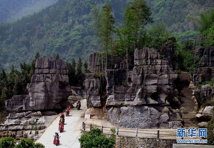 Un grupo de motociclistas visitan una zona de bambú y piedra en el bosque de Changning, en la provincia de Sichuan. (Foto: Song Wang)