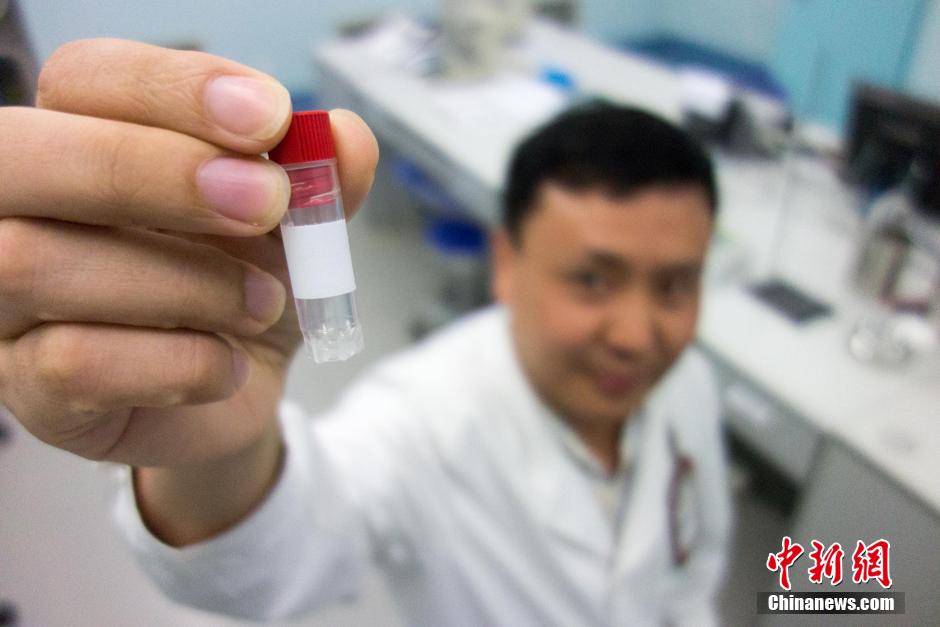 El trabajador muestra el tubo utilizado para conservar esperma. (CNS/Huang Weiming)