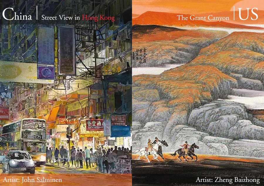 Pinturas de John Salminen (izquierda) y Zheng Baizhong (derecha). [Foto/people.com.cn, artron.net]