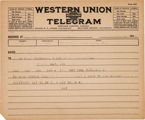 Subastan un telegrama de socorro enviado desde el Titanic