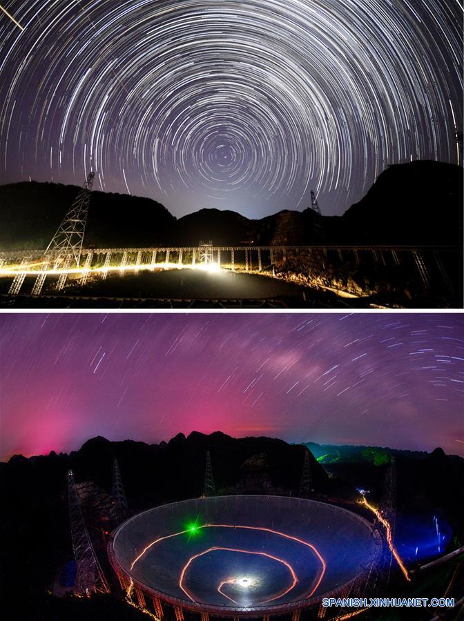 GUIZHOU, julio 3, 2016 (Xinhua) -- Imagen combinada de la vista nocturna del Telescopio de Apertura Esférica de 500 metros o "FAST", en el condado de Pingtang, provincia de Guizhou, en el suroeste de China del 1 de septiembre de 2014 (arriba) (Imagen proporcionada por el Observatorio Astronómico Nacional de la Academia China de Ciencias) y una imagen del "FAST" casi terminado del 27 de junio de 2016 (abajo) (Imagen de Ou Dongqu, reportero gráfico de Xinhua). La instalación del mayor radiotelescopio del mundo finalizó el domingo por la mañana después de que la última pieza de los 4,450 paneles se fijara en el centro del enorme reflector. El proyecto cuenta con el potencial de rastrear más objetos extraños para entender mejor el origen del universo e impulsar la búsqueda global de vida extraterrestre. (Xinhua/Str)