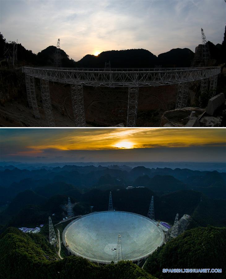 GUIZHOU, julio 3, 2016 (Xinhua) -- Imagen combinada del amanecer en el Telescopio de Apertura Esférica de 500 metros o "FAST", en el condado de Pingtang, provincia de Guizhou, en el suroeste de China, tomada el 24 de julio de 2014 (arriba) (Imagen proporcionada por el Observatorio Astronómico Nacional de la Academia China de Ciencias), y una imagen del "FAST" casi terminado del 27 de junio de 2016 (abajo) (Imagen de Ou Dongqu, reportero gráfico de Xinhua). La instalación del mayor radiotelescopio del mundo finalizó el domingo por la mañana después de que la última pieza de los 4,450 paneles se fijara en el centro del enorme reflector. El proyecto cuenta con el potencial de rastrear más objetos extraños para entender mejor el origen del universo e impulsar la búsqueda global de vida extraterrestre. (Xinhua/Str)