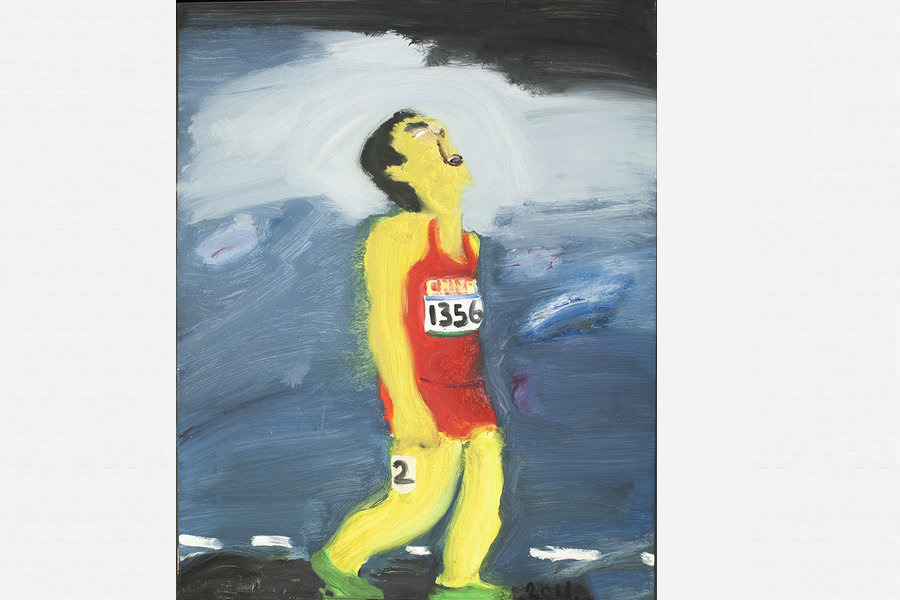 Pintura al óleo del medallista de oro olímpico chino Liu Xiang, exhibida en la exposición "Summer Group Show" en Londres, el 27 de julio de 2016. [Foto/cri.cn]