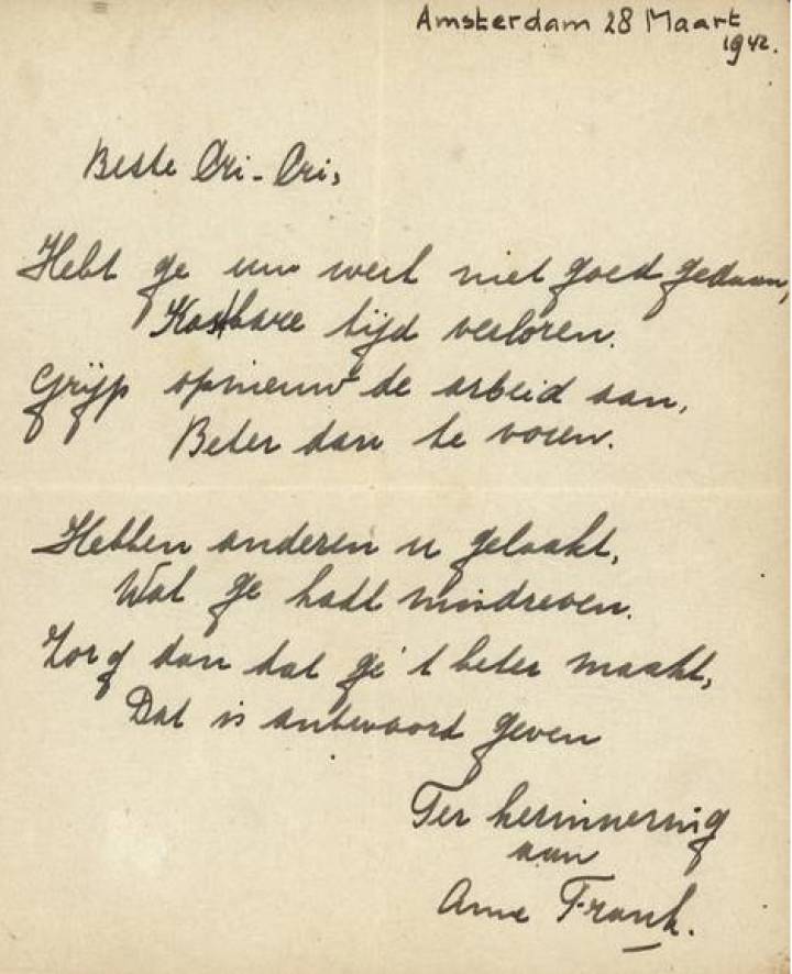Subastan por 140.000 euros un poema de Anna Frank