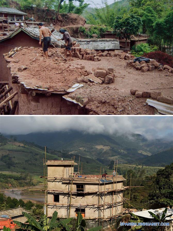 La foto superior tomada el 19 de agosto de 2009 muestra a residentes de la etnia hani del distrito Mojiang reparando la casa. La inferior tomada el 12 de enero de este año muestra a unos aldeanos del mismo distrito construyendo una casa.