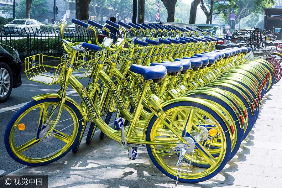 Las sorprendentes bicicletas doradas son las últimas en entrar en el mercado de bicicletas compartida, una industria muy competitiva. [Foto / VCG]