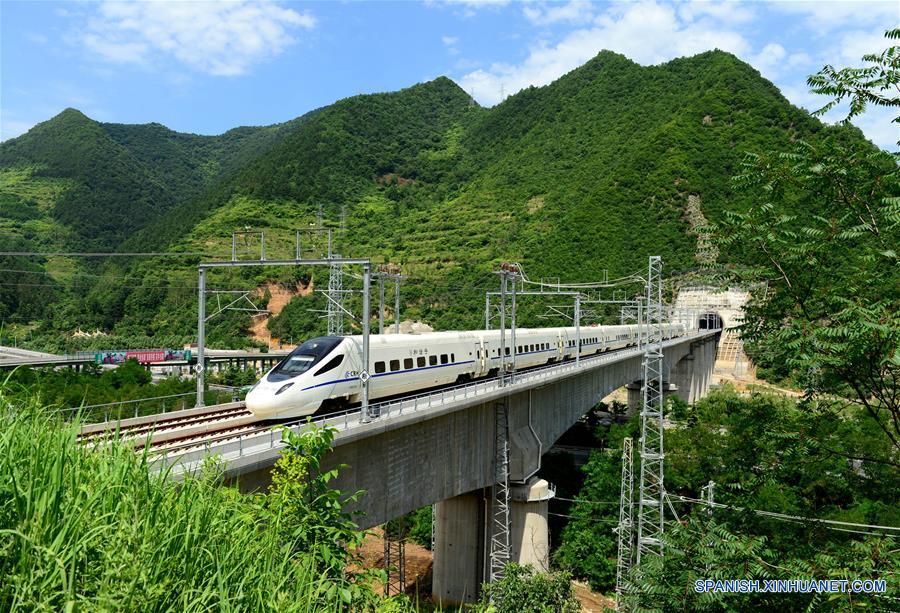 GANSU, julio 9, 2017 (Xinhua) -- Un tren bala corre sobre un puente en la intersección de las provincias Shaanxi y Gansu, en el noroeste de China, el 9 de julio de 2017. Una nueva línea ferroviaria de alta velocidad que enlaza la ciudad de Baoji, en la provincia noroccidental china de Shaanxi, con Lanzhou, capital de la provincia vecina de Gansu, entró en operación el domingo. Gracias a esta nueva línea, las provincias de Gansu y Qinghai, así como la región autónoma uygur de Xinjiang, todas ubicadas en el noroeste de China, se han unido a la red nacional de ferrocarriles de alta velocidad. (Xinhua/Tang Zhenjiang)