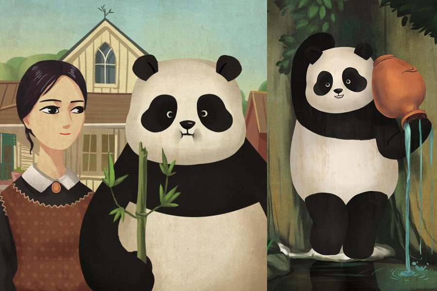 Un panda gigante chino entra en el mundo de las pinturas famosas. [Foto / Xinhua]
