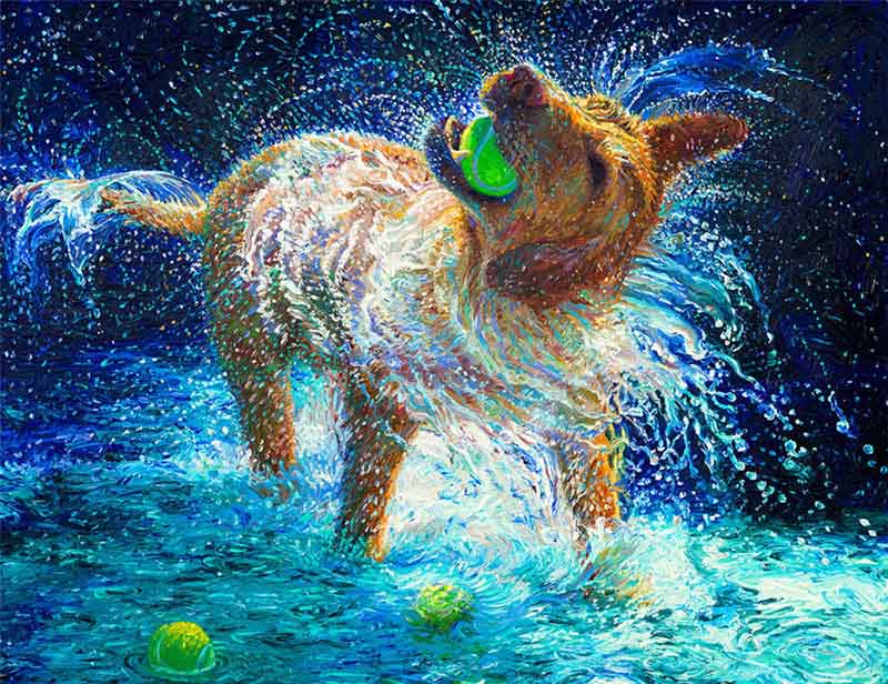 Beijing,10/01/2018(El Pueblo en Línea)- Esta pintura es un perro con salpicaduras de agua creado por el artista estadounidense Iris Scott, conocido por su arte de huellas dactilares [Foto: IC]