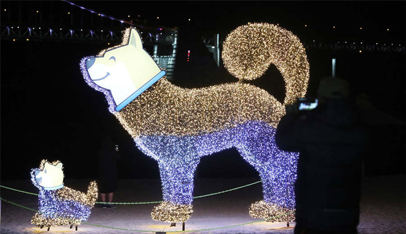Para darle la bienvenida al nuevo año, las esculturas con luces en forma de perros embellecen la playa de Busan, en Corea del Sur, 4 de diciembre del 2017. [Foto: IC]