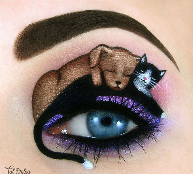 La artista israelí del maquillaje Tal Peleg utilizó sus propios párpados como un lienzo para crear una ensoñación cosmética donde duermen perro y gato. [Foto: IC]