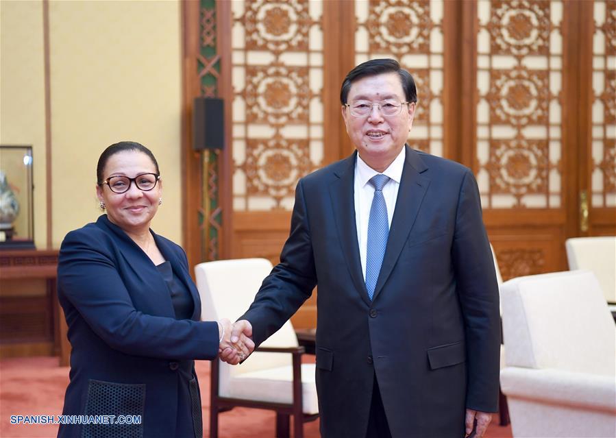 Máximo legislador chino se reúne con la presidenta del Senado de Gabón