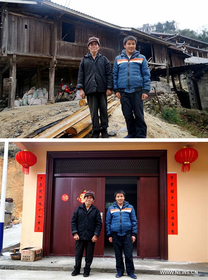 Pan Shanchang (a la izquierda) y su hijo Pan Yucai posan para dos fotos que marcan un antes y un después: la vieja casa (arriba) y la nueva casa (debajo). Gracias a la política de mitigación de la pobreza, 2.093 familias disfrutan de nuevas viviendas proporcionadas por el gobierno de la aldea Rongdi en Sirong, municipio autónomo Rongshui Miao, Región Autónoma de Guangxi Zhuang, 26 de enero del 2018. [Foto: Xinhua]