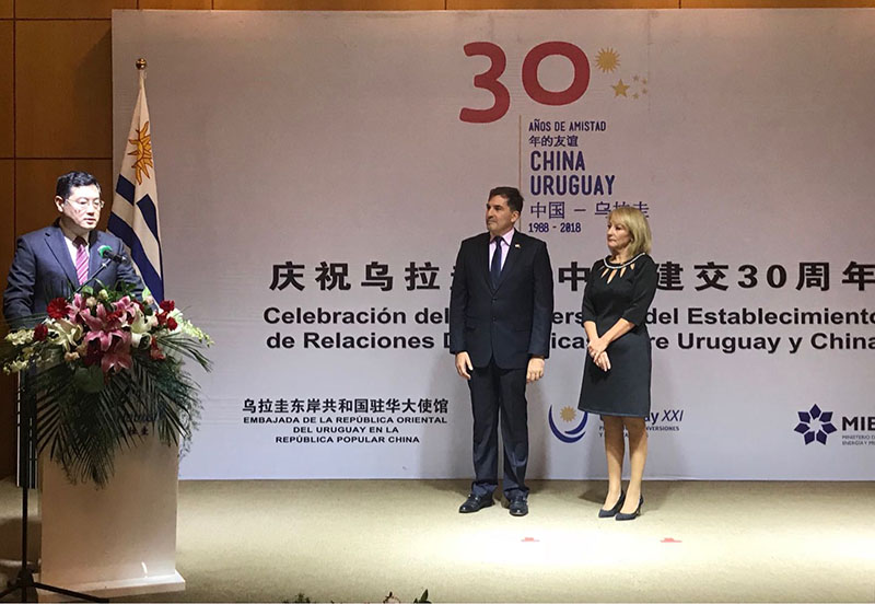 Qin Gang, ministro asistente de Relaciones Exteriores de China, está haciendo su discurso en la recepción.