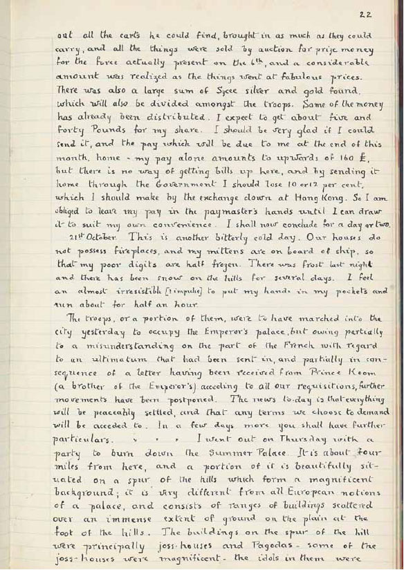Cartas del capitán Harry Lewis Evans que describen el saqueo del Palacio de Verano de Beijing. (Foto: proporcionada)