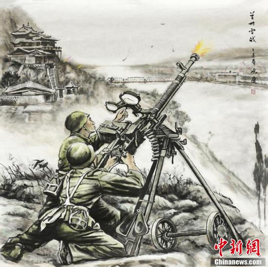 Obra de Wang sobre una batalla efectuada durante la guerra de resistencia del pueblo chino contra la agresión japonesa. (Foto: Chinanews. com)