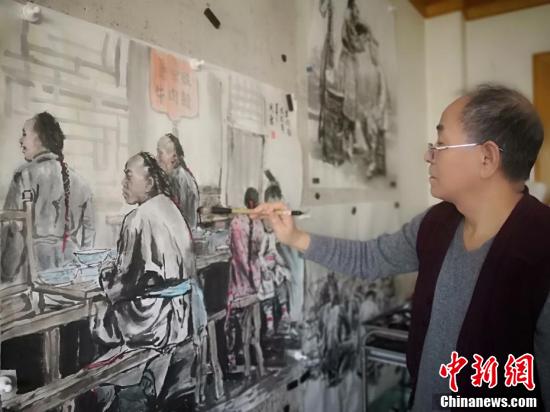 Obra de Wang con temática local: lugareños disfrutando de los fideos con carne, una especialidad de la ciudad. (Foto: Chinanews. com)