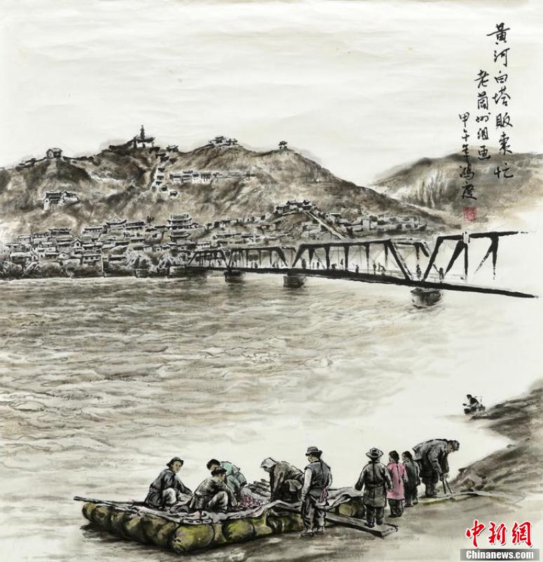 Obra de Wang sobre el puente Zhongshan y la montaña blanca de la Torre de Lanzhou, hace 100 años atrás. (Foto: Chinanews. com)