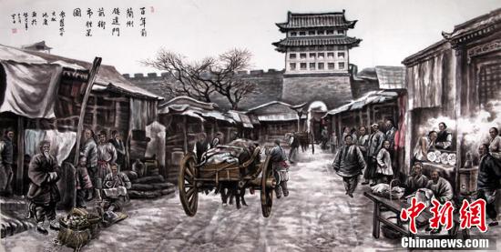 Obra de Wang sobre la puerta Zhenyuan de la ciudad de Lanzhou, también conocida como la antigua puerta oeste. (Foto: Chinanews. com)