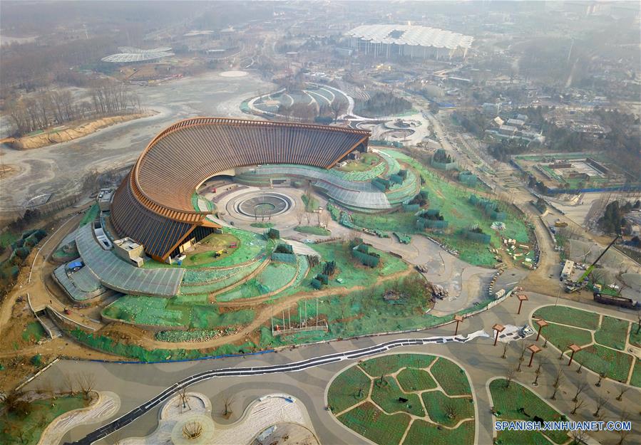 Vista aérea de la construcción de la Exposición Hortícola Internacional de Beijing 2019