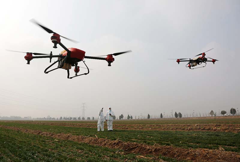 Los técnicos de la provincia de Shaanxi operan drones para quitar las malas hierbas.