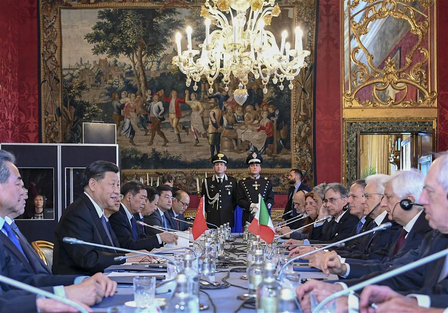 El presidente de China, Xi Jinping y su homólogo italiano, Sergio Mattarella, sostienen conversaciones en Roma, Italia, el 22 de marzo de 2019. (Xinhua/Xie Huanchi)