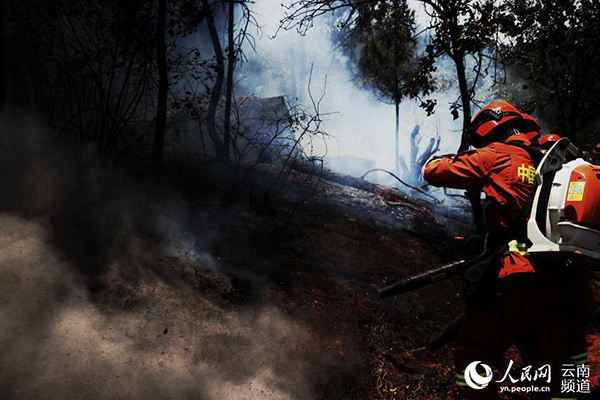 Un bombero combate el incendio forestal que comenzó el 13 de mayo del 2019 en Anning, provincia de Yunnan. [Foto: People. cn]