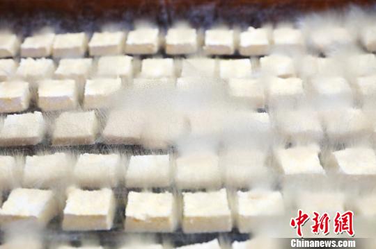 El tofu crudo con filamentos. [Foto: Fan Chengzhu/ Chinanews.com]