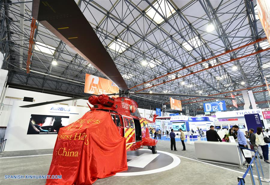 Imagen del 10 de octubre de 2019 de la sede de la V Exposición de Helicópteros de China, en Tianjin, en el norte de China. La V Exposición de Helicópteros de China se lleva a cabo del 10 al 13 de octubre. (Xinhua/Li Ran)