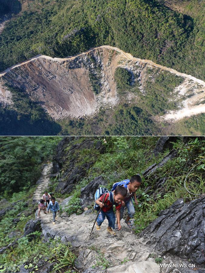 La foto combinada muestra una carretera finalizada (arriba, 11 de noviembre de 2019) y a estudiantes que regresan a casa caminando por las montañas (abajo, 23 de septiembre de 2016) en la aldea Bahao del condado autónomo Yao de Dahua, en la región autónoma Zhuang de Guangxi, al sur de China. 