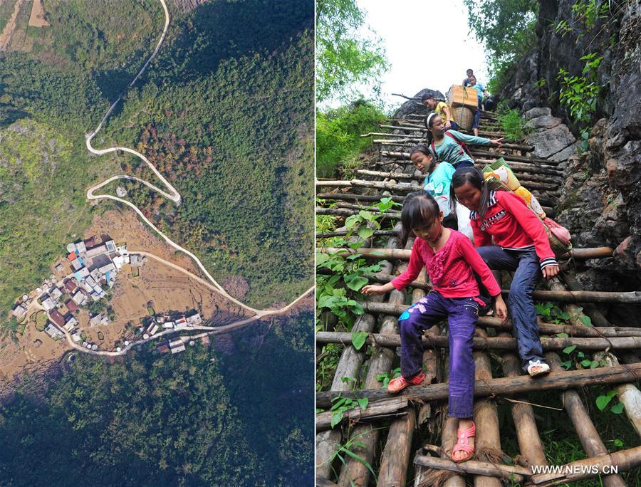 La foto combinada muestra varias carreteras finalizadas (izquierda, 11 de noviembre de 2019) y a estudiantes caminando por una escalinata de madera para ir a la escuela (derecha, 3 de septiembre de 2012) en la aldea Nongyong del condado autónomo Yao de Dahua, en la región autónoma Zhuang de Guangxi, al sur de China. 