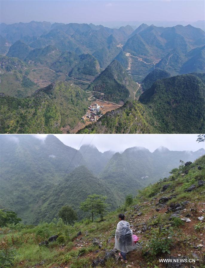 La foto combinada muestra varias carreteras finalizadas (arriba, 11 de noviembre de 2019) y a estudiantes que regresan a casa caminando por las montañas (abajo, 1 de septiembre de 2016) en la aldea Bahao del condado autónomo Yao de Dahua, en la región autónoma Zhuang de Guangxi, al sur de China. 