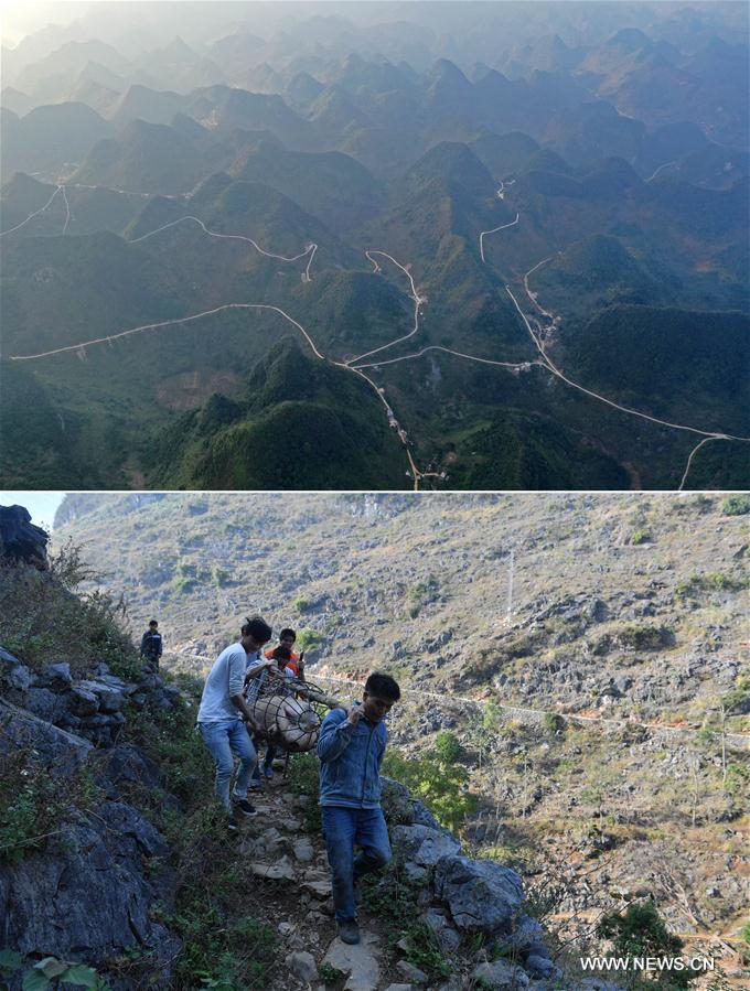 La foto combinada muestra varias montañas finalizadas (arriba, 10 de noviembre de 2019) y a los aldeanos transportando un cerdo por las montañas (abajo, 8 de diciembre de 2016) en la aldea Nongxiong del condado autónomo Yao de Dahua, en la región autónoma Zhuang de Guangxi, al sur de China. 