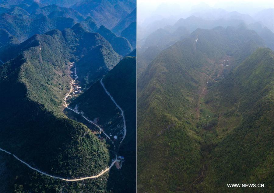 La foto combinada muestra unas carreteras de cemento finalizadas entre las montañas (izquierda, 11 de noviembre de 2019) y el mismo lugar sin las carreteras de cemento (derecha, 3 de noviembre de 2015) en la aldea Bahao del condado autónomo Yao de Dahua, en la región autónoma Zhuang de Guangxi, al sur de China.