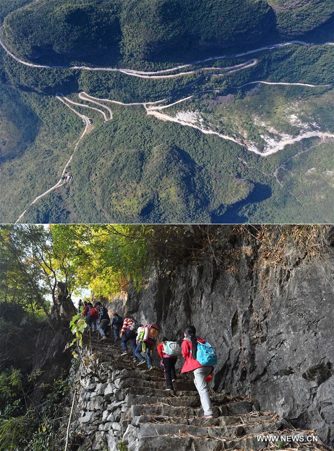 La foto combinada muestra varias carreteras finalizadas (arriba, 12 de noviembre de 2019) y a los estudiantes que regresan caminando por las montañas (abajo, 9 de diciembre de 2016) en la aldea Nongliang del condado autónomo Yao de Dahua, en la región autónoma Zhuang de Guangxi, al sur de China.