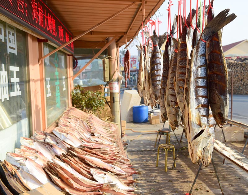 Imagen de pescado salado seco en la entrada de una tienda en el vecindario Wanggezhuang de Qingdao, en la provincia de Shandong, este de China. Se trata de una estampa típica del duodécimo mes del calendario lunar chino, conocido como layue en chino. [Fotos de Wang Hua / para chinadaily.com.cn]