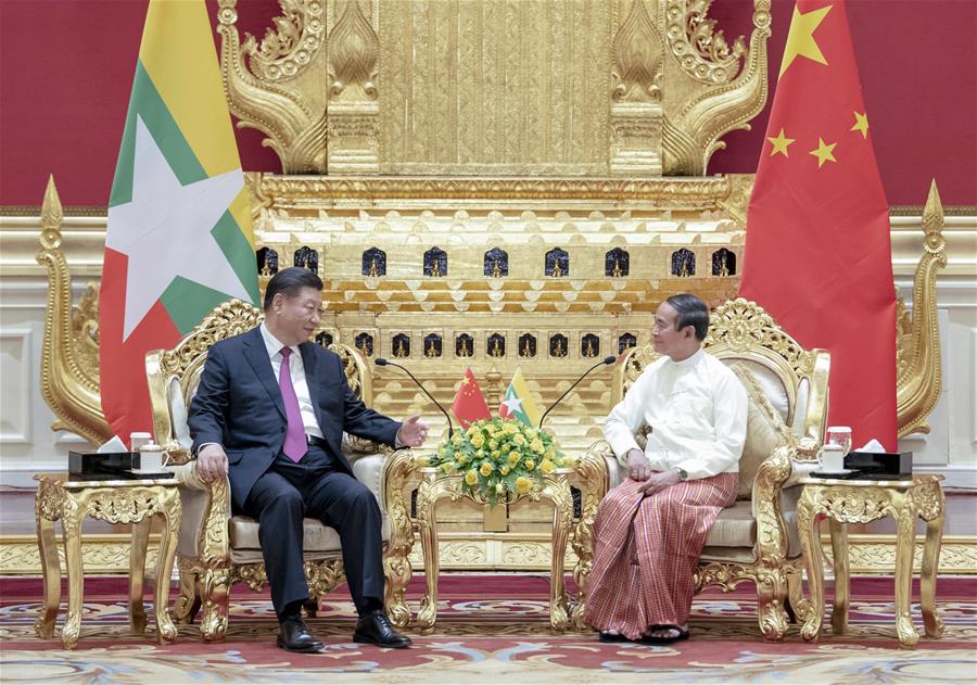 El presidente chino, Xi Jinping, sostiene conversaciones con el presidente de Myanmar, U Win Myint, en Naypyitaw, Myanmar, el 17 de enero de 2020. (Xinhua/Xie Huanchi)