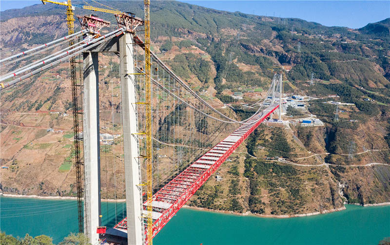 La construcción del puente colgante más grande del mundo, el puente del río Jin'an-Jinsha, finalizó el miércoles en la provincia de Yunnan, suroeste de China, marcando la finalización de la estructura principal del puente, el 15 de enero de 2020. [Foto de Zhang Qinglong para chinadaily.com.cn]