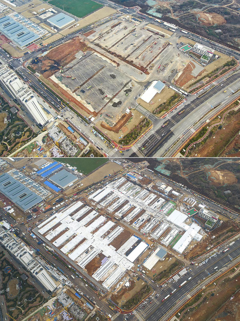 Después de 10 días de construcción, el Hospital Leishenshan de Wuhan abrió el 6 de febrero. La foto de arriba fue tomada el 27 de enero (por un dron) y la foto de abajo el 7 de febrero. (Foto: Xiao Yijiu / Xinhua)