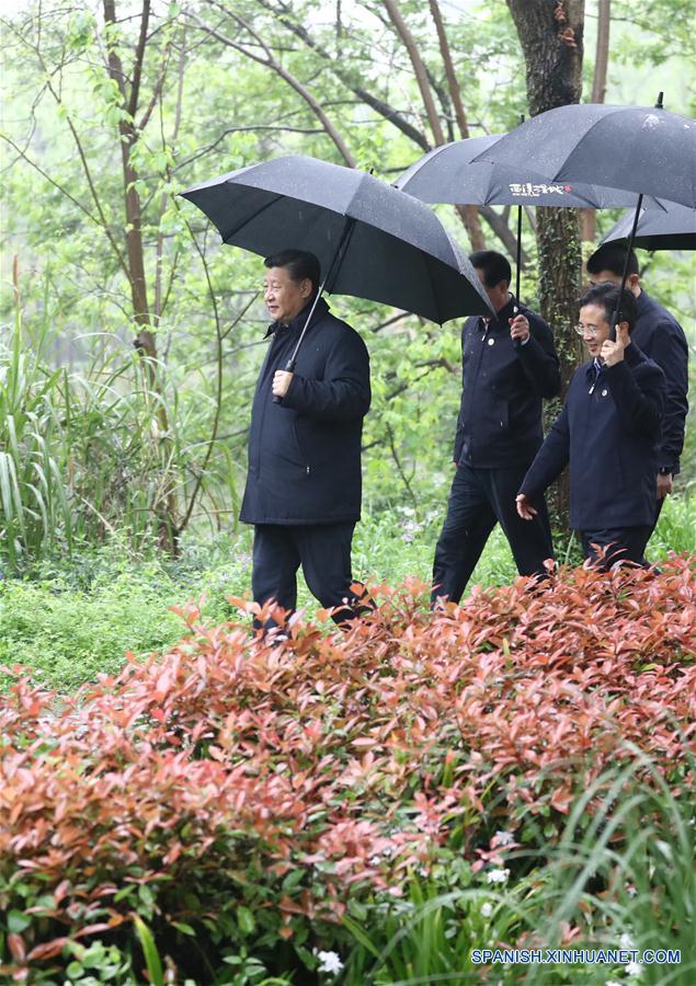 El presidente chino, Xi Jinping, también secretario general del Comité Central del Partido Comunista de China y presidente de la Comisión Militar Central, visita el Parque Nacional de los Humedales de Xixi durante una inspección en Hangzhou, provincia de Zhejiang, en el este de China, el 31 de marzo de 2020. (Xinhua/Ju Peng)