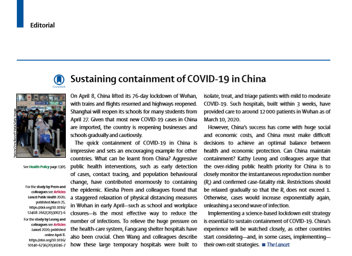 Revista "The Lancet": China ha frenado rápidamente la epidemia de COVID-19 dando un ejemplo a otros países