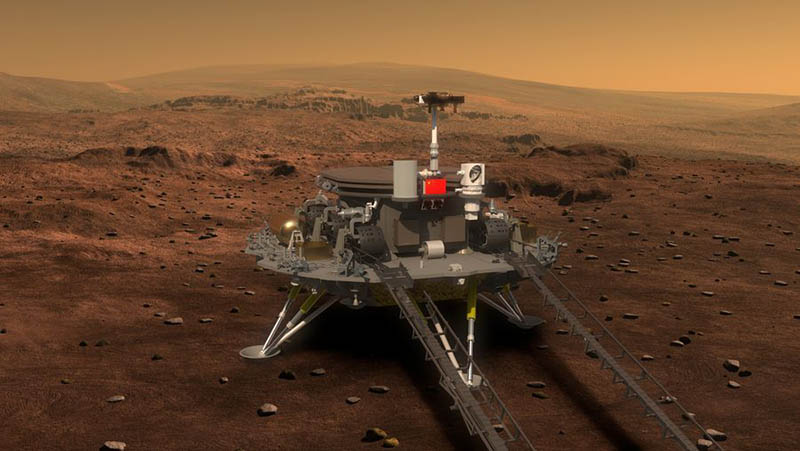La imagen publicada el 23 de agosto de 2016 por la sonda lunar y el Centro de Proyectos Espaciales de la Administración Estatal de Ciencia, Tecnología e Industria para la Defensa Nacional, muestra el concepto que describe cómo se verían el rover y el módulo de aterrizaje en Marte. [Foto: Xinhua]