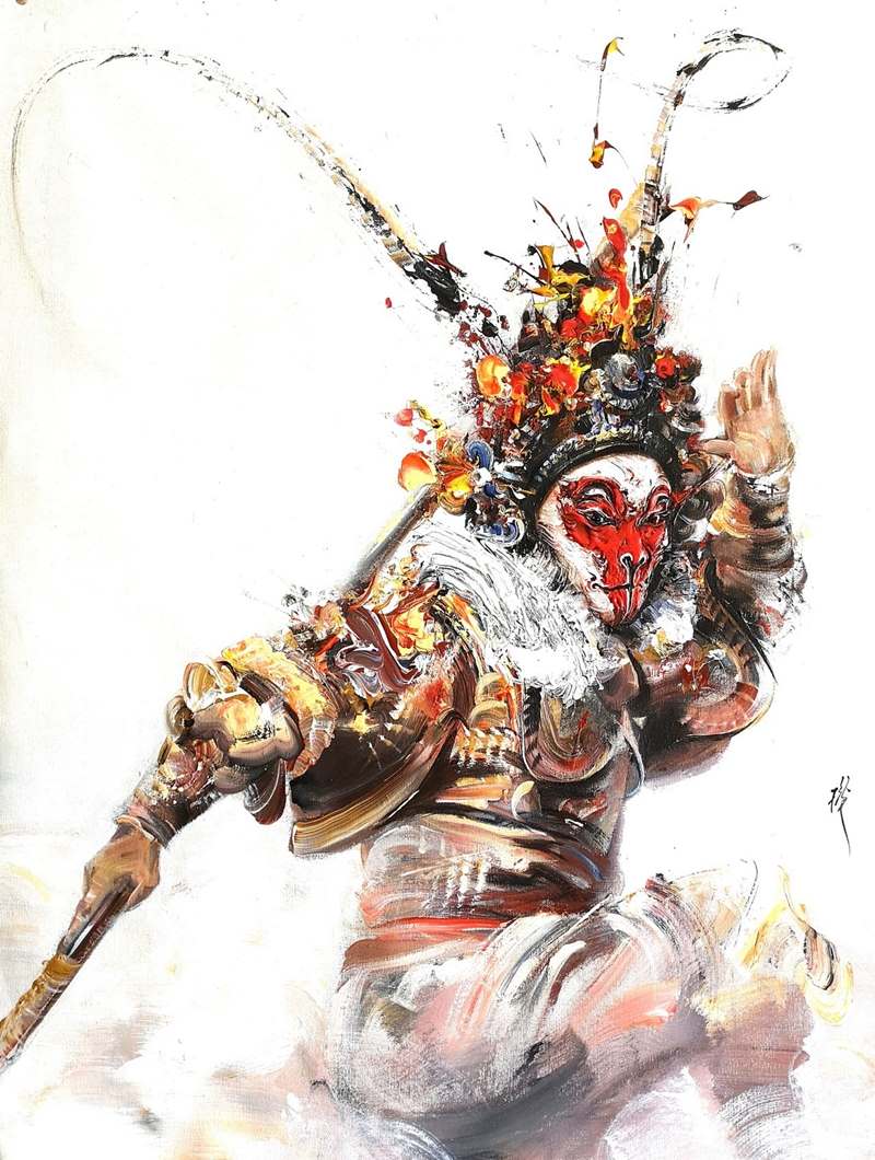 Obra sobre el Rey Mono, pintada por el artista Deng Yu con la técnica del pincel “cepillo de bambú”. [Foto: proporcionada a China Daily]
