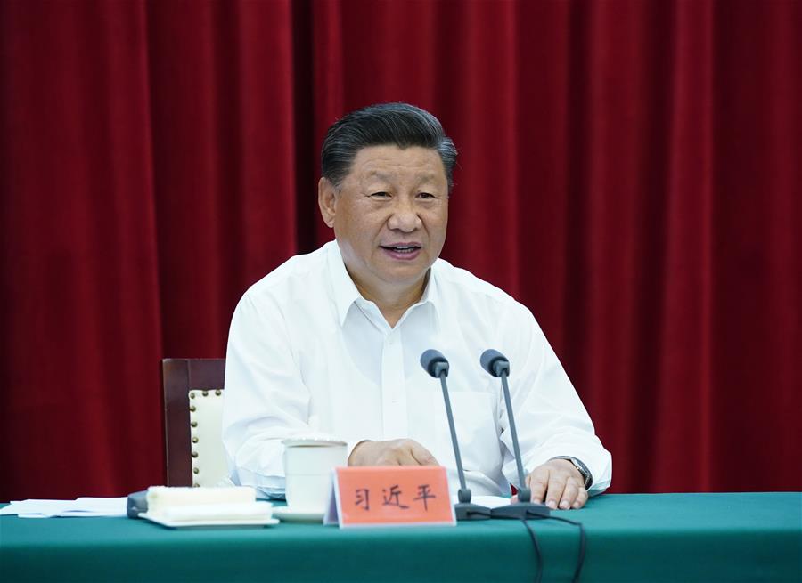 El presidente chino, Xi Jinping, también secretario general del Comité Central del Partido Comunista de China y presidente de la Comisión Militar Central, preside un simposio sobre el avance en el desarrollo integrado del delta del río Yangtse en Hefei, provincia de Anhui, en el este de China, el 20 de agosto de 2020. (Xinhua/Ju Peng)