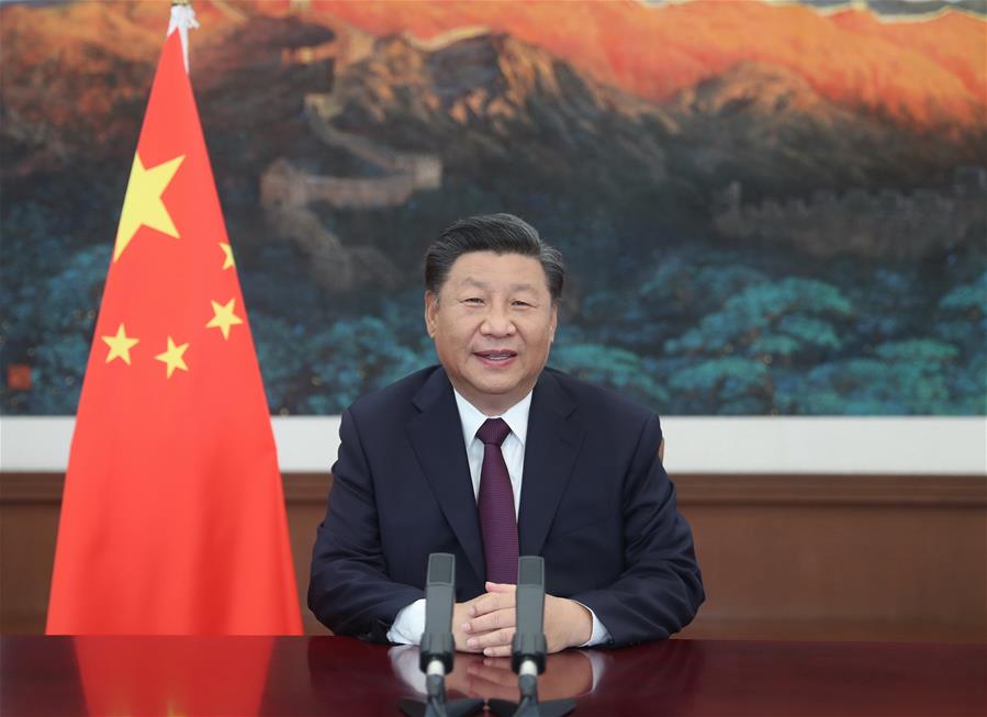 BEIJING, 4 septiembre, 2020 (Xinhua) -- El presidente chino, Xi Jinping, pronuncia un discurso en la Cumbre Mundial de Comercio de Servicios de la Feria Internacional de Comercio de Servicios de China 2020 (CIFTIS, por sus siglas en inglés) a través de video el 4 de septiembre de 2020. (Xinhua/Ju Peng)