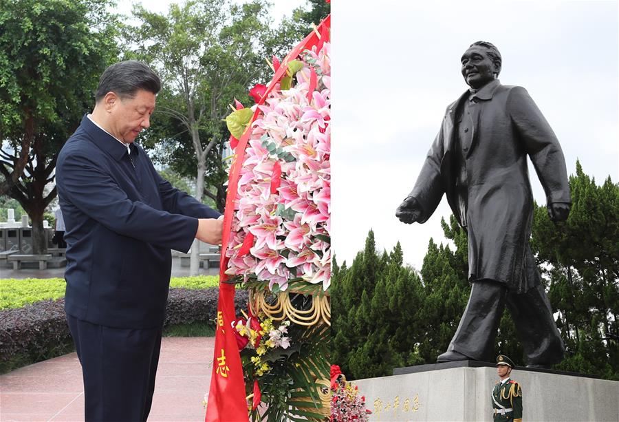 SHENZHEN, 14 octubre, 2020 (Xinhua) -- El presidente chino, Xi Jinping, también secretario general del Comité Central del Partido Comunista de China y presidente de la Comisión Militar Central, coloca una cesta floral en la estatua del camarada Deng Xiaoping, ubicada en el parque Lianhuashan, en Shenzhen, provincia de Guangdong, en el sur de China, el 14 de octubre de 2020. Xi asistió el miércoles a una gran celebración con motivo del 40º aniversario del establecimiento de la Zona Económica Especial de Shenzhen y pronunció un discurso importante. (Xinhua/Wang Ye)