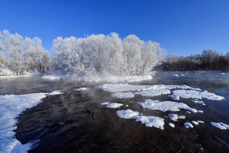 Las temperaturas caen por debajo de -20 grados centígrados en el condado Xunke, provincia de Heilongjiang, congelándolo todo a lo largo del río Kurbin. [Foto: Wang Dianjie/ China Daily]